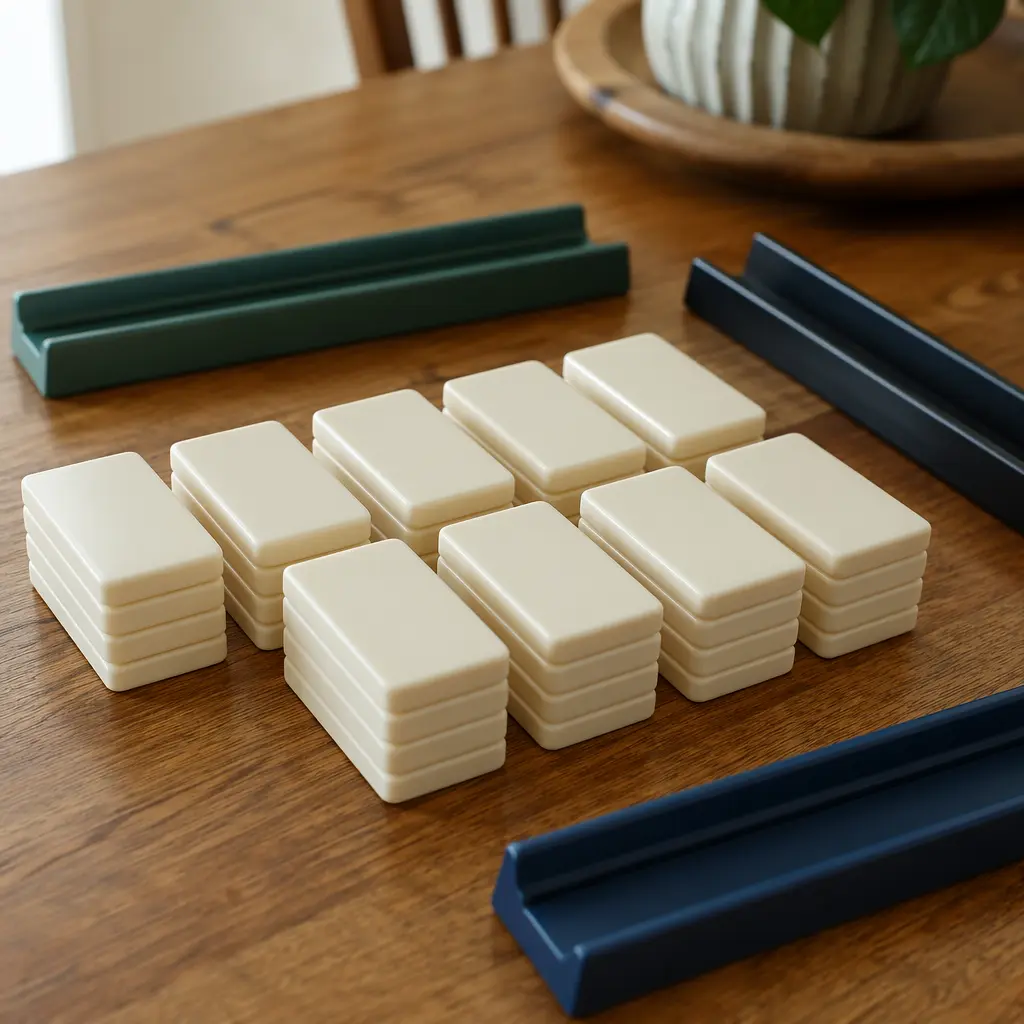 Face-down game tiles and racks arranged on a wooden table