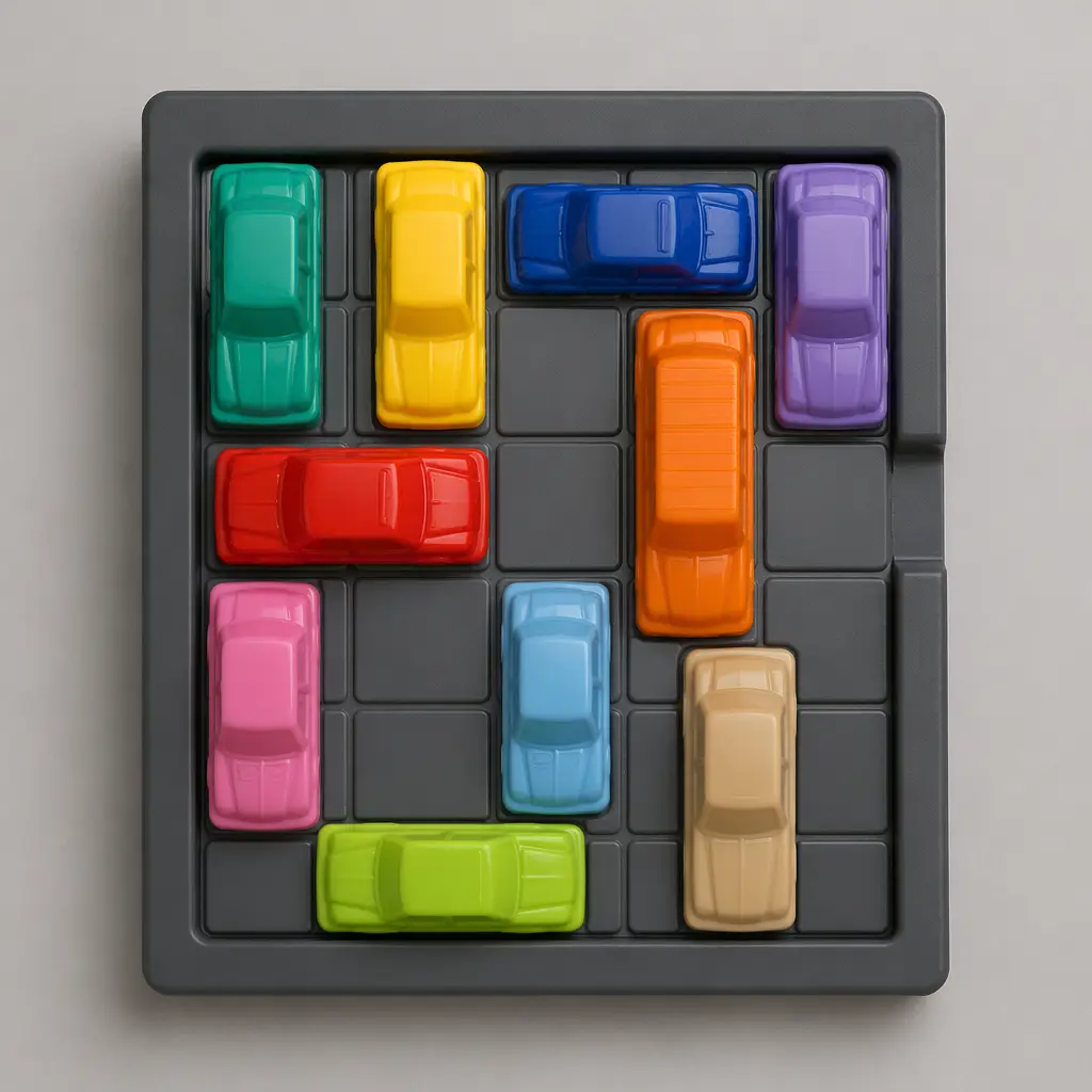 A traffic jam style sliding puzzle with colorful car pieces on a grid board