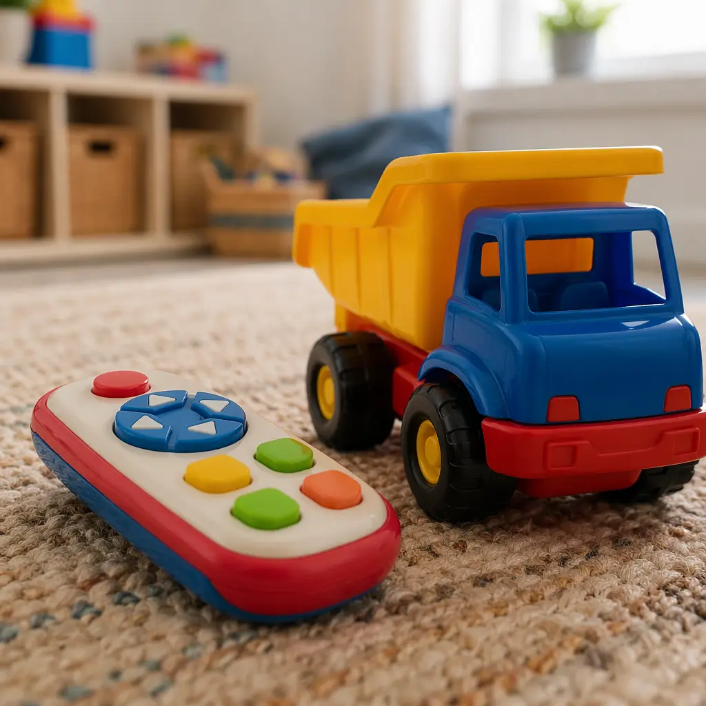 Oversized remote control paired with a durable toy vehicle for preschoolers