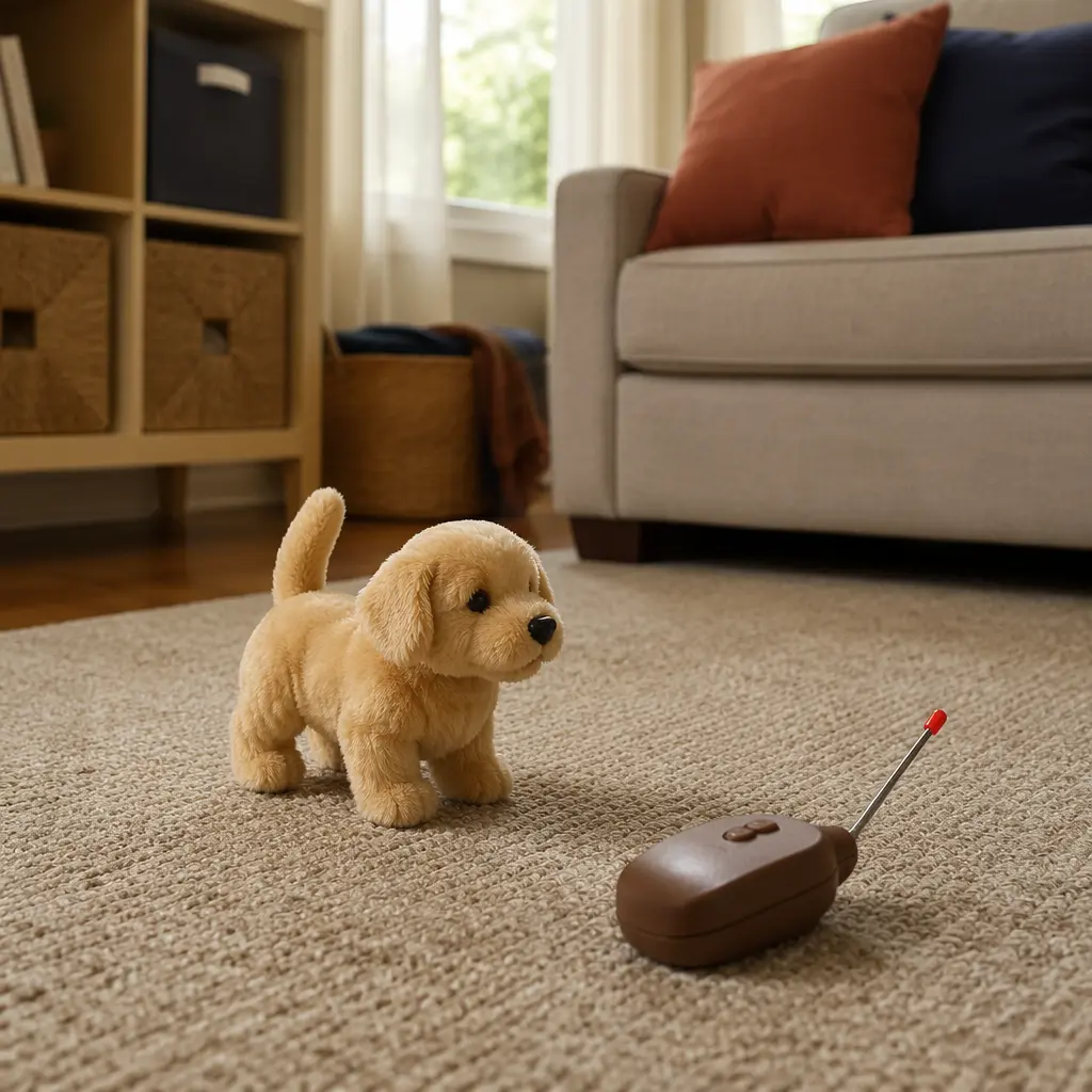 A gentle, slow-moving remote-controlled animal toy in a living room