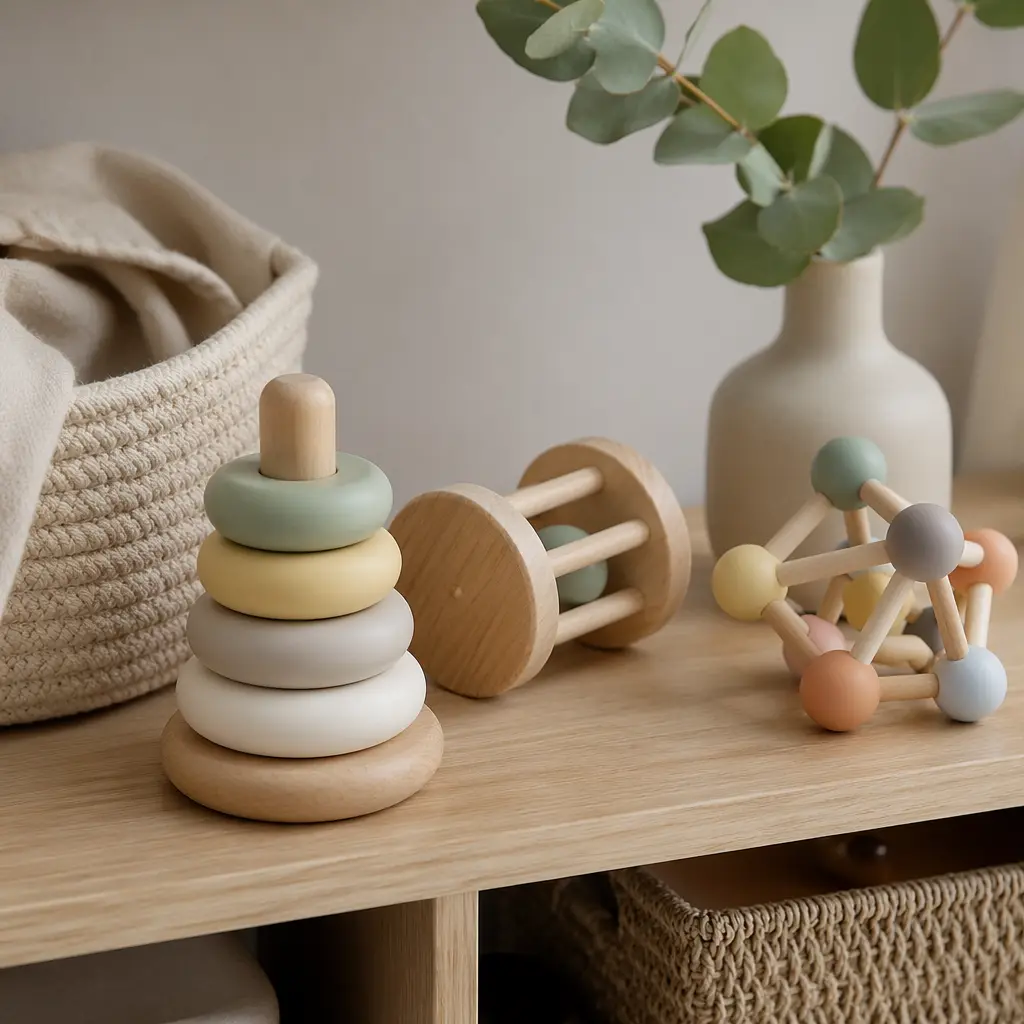 Minimalist baby toys on a nursery shelf in soft natural light