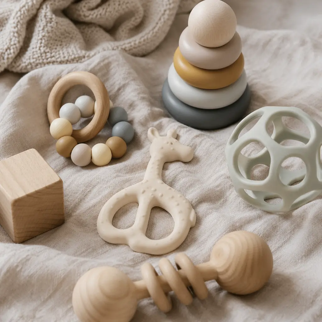 Simple chew-safe baby toys made from silicone, rubber, and wood on a soft blanket