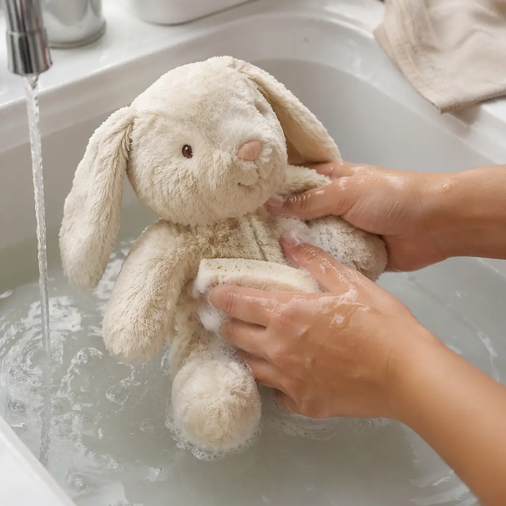 Plush baby toy being gently washed in clear water