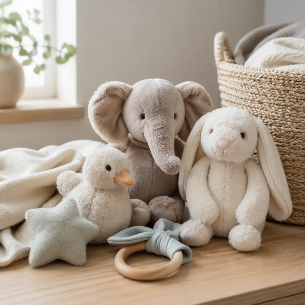 Soft plush baby toys arranged neatly on a wooden surface