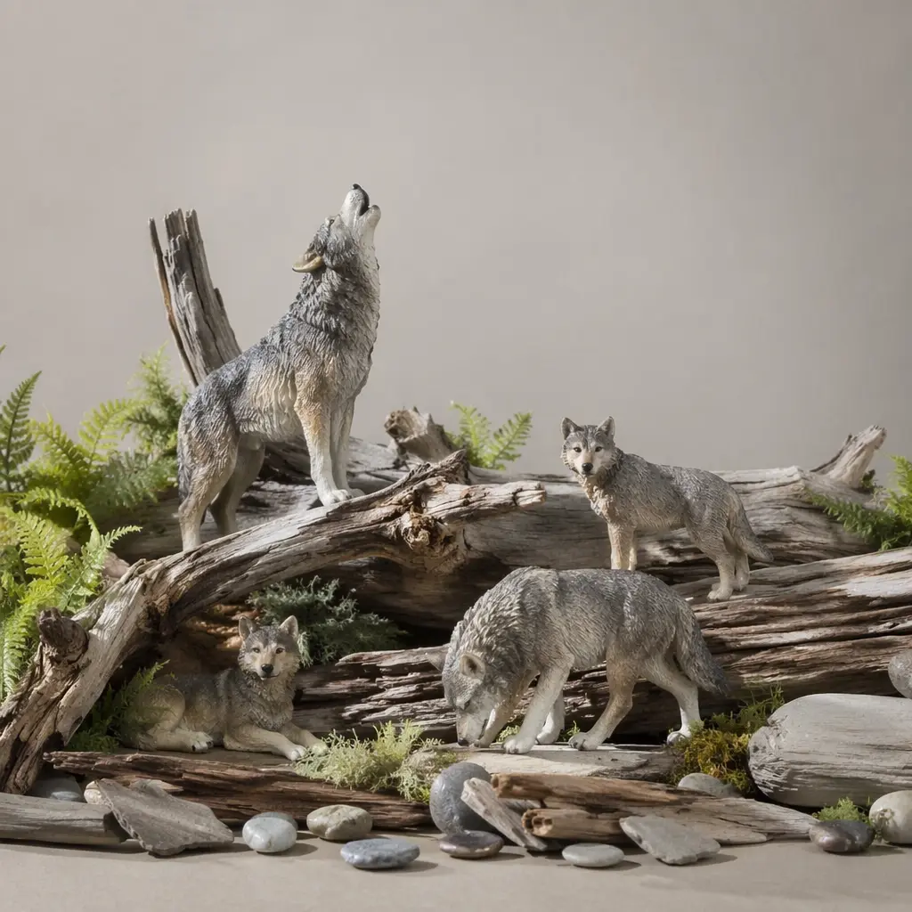 A group of realistic animal figures posed in a natural setting