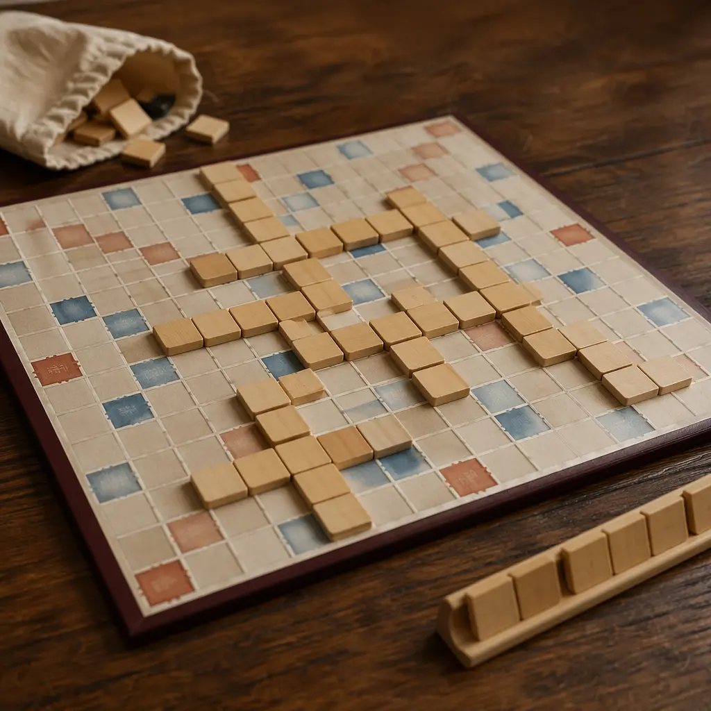 A classic word board game setup with wooden tiles and a square grid board