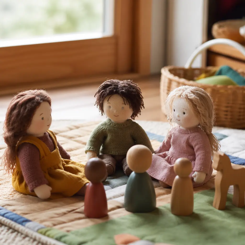 Cloth and wooden dolls arranged on a play mat