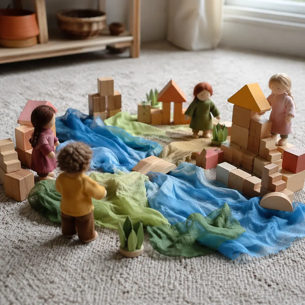 Open-ended doll play scene with blocks and fabric