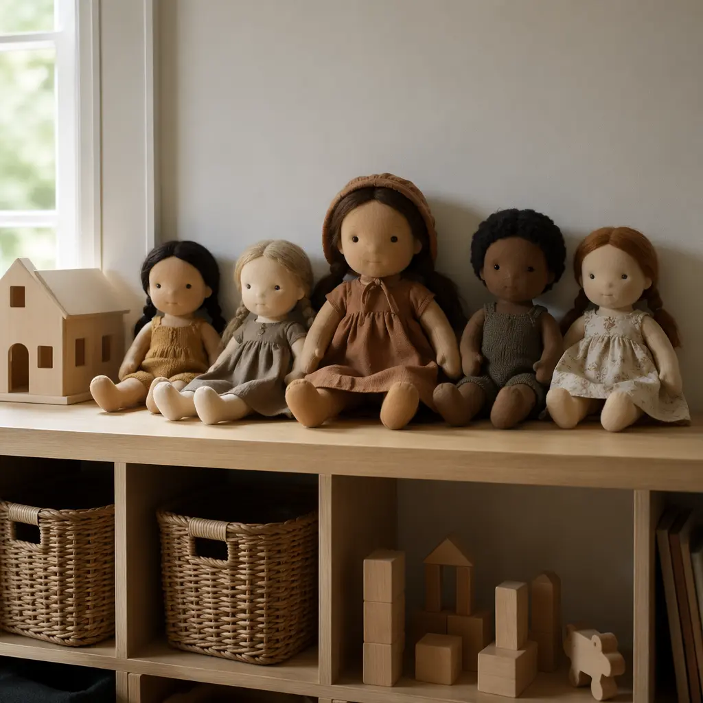 Screen-free dolls displayed on a shelf in soft natural light