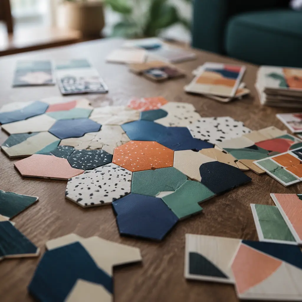 Close-up of puzzle tiles and cards arranged on a tabletop