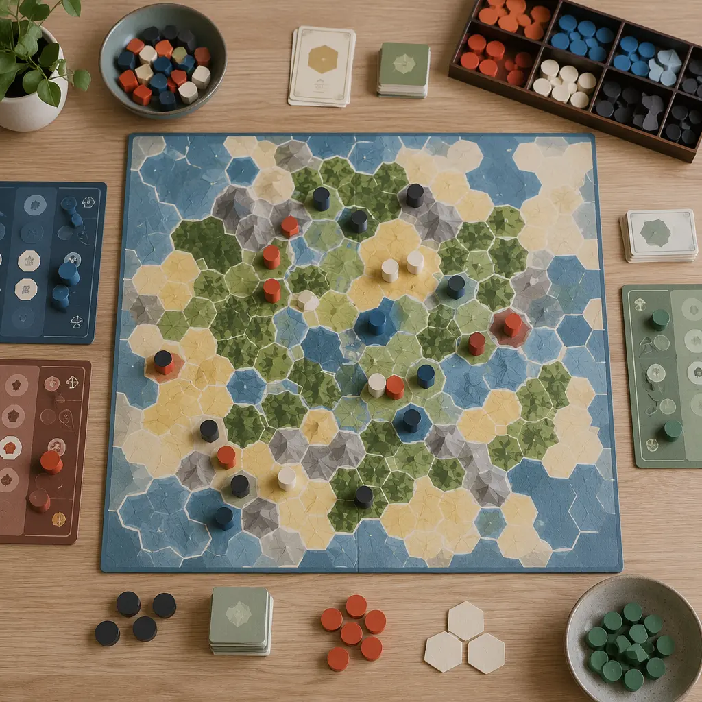 Overhead view of a strategy board game with abstract pieces