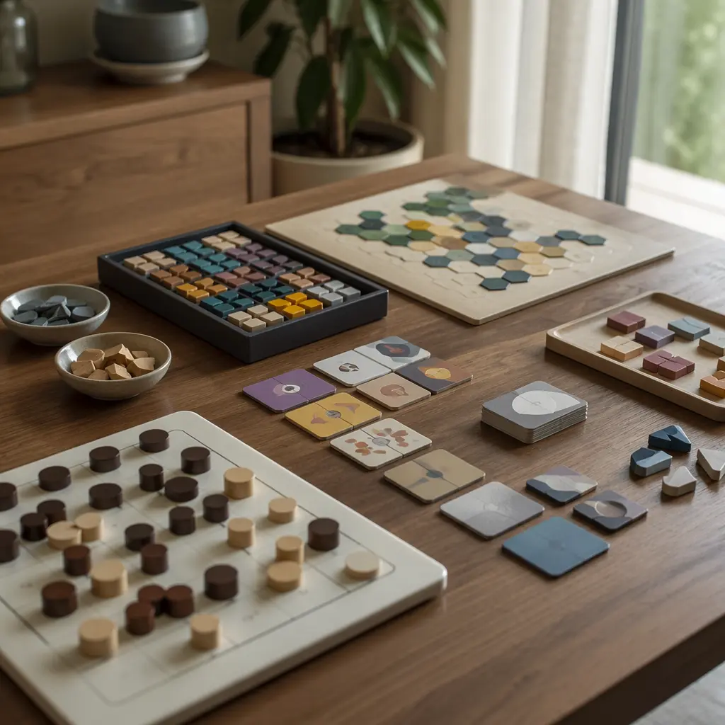 A selection of modern board and logic games arranged on a table in soft natural light