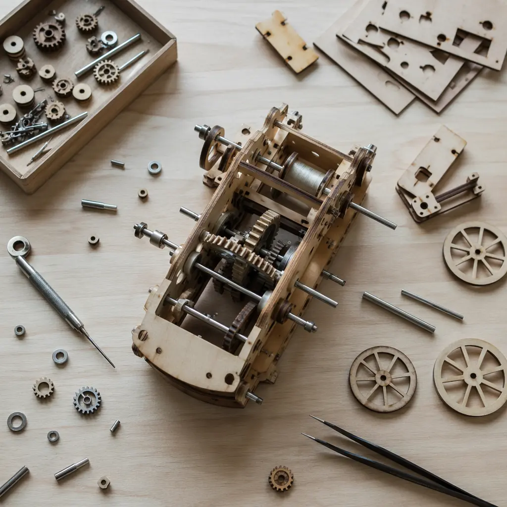Hands-on mechanical building pieces laid out during a STEM project.