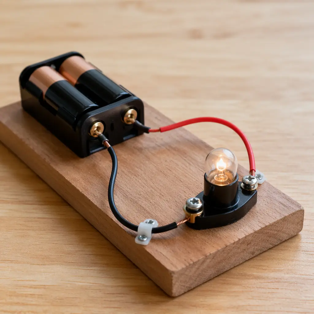 A simple hands-on electrical circuit built on a wooden board.