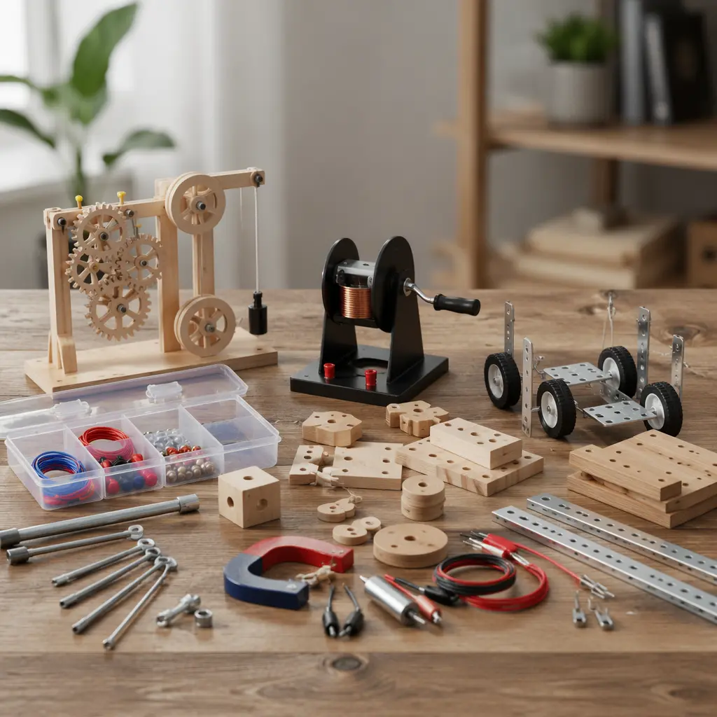 Screen-free STEM kits with gears, magnets, and building pieces arranged on a table.