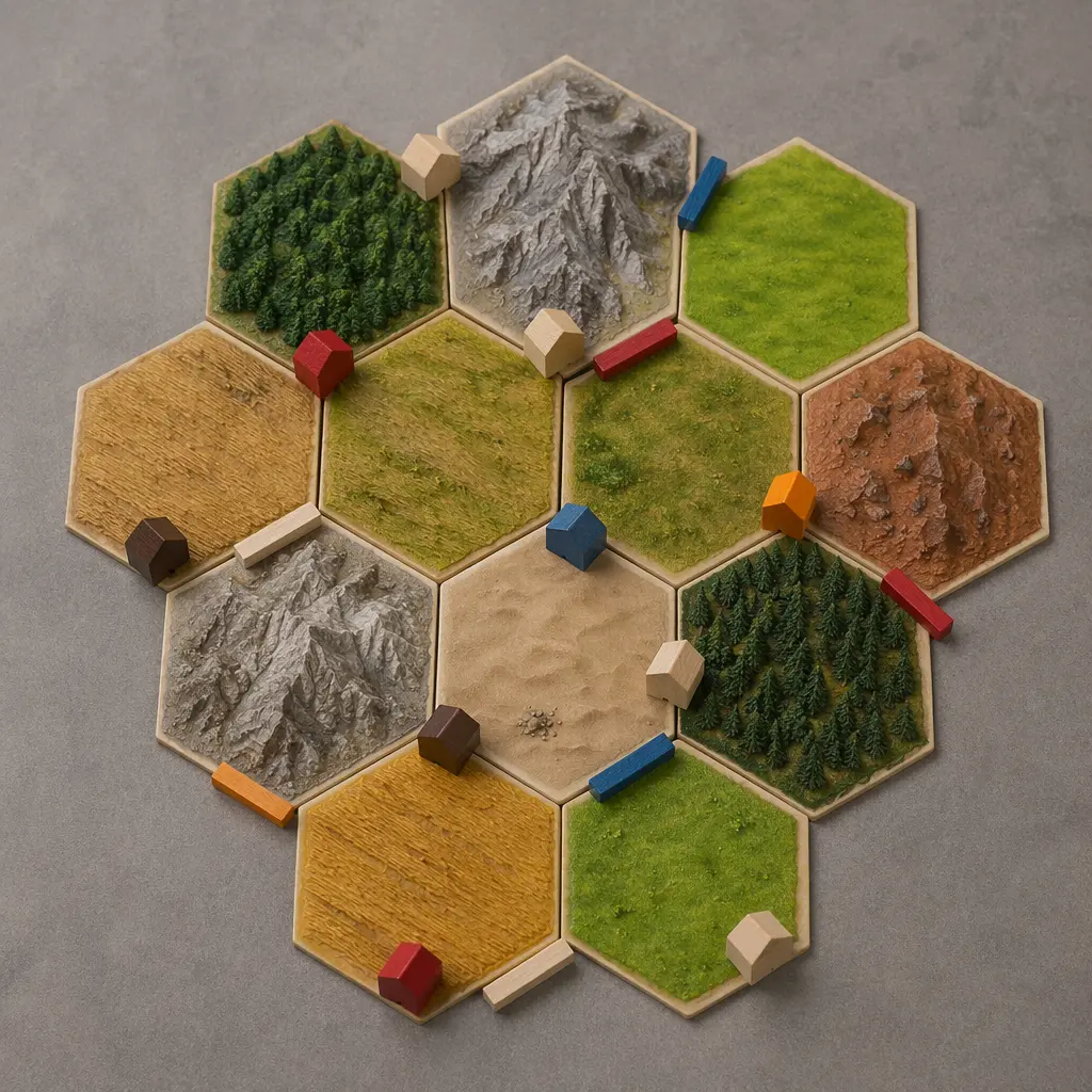 A modular board game with hex tiles and wooden settlement pieces arranged on a table