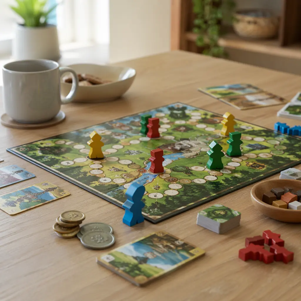 Compact board game in progress with colorful pieces
