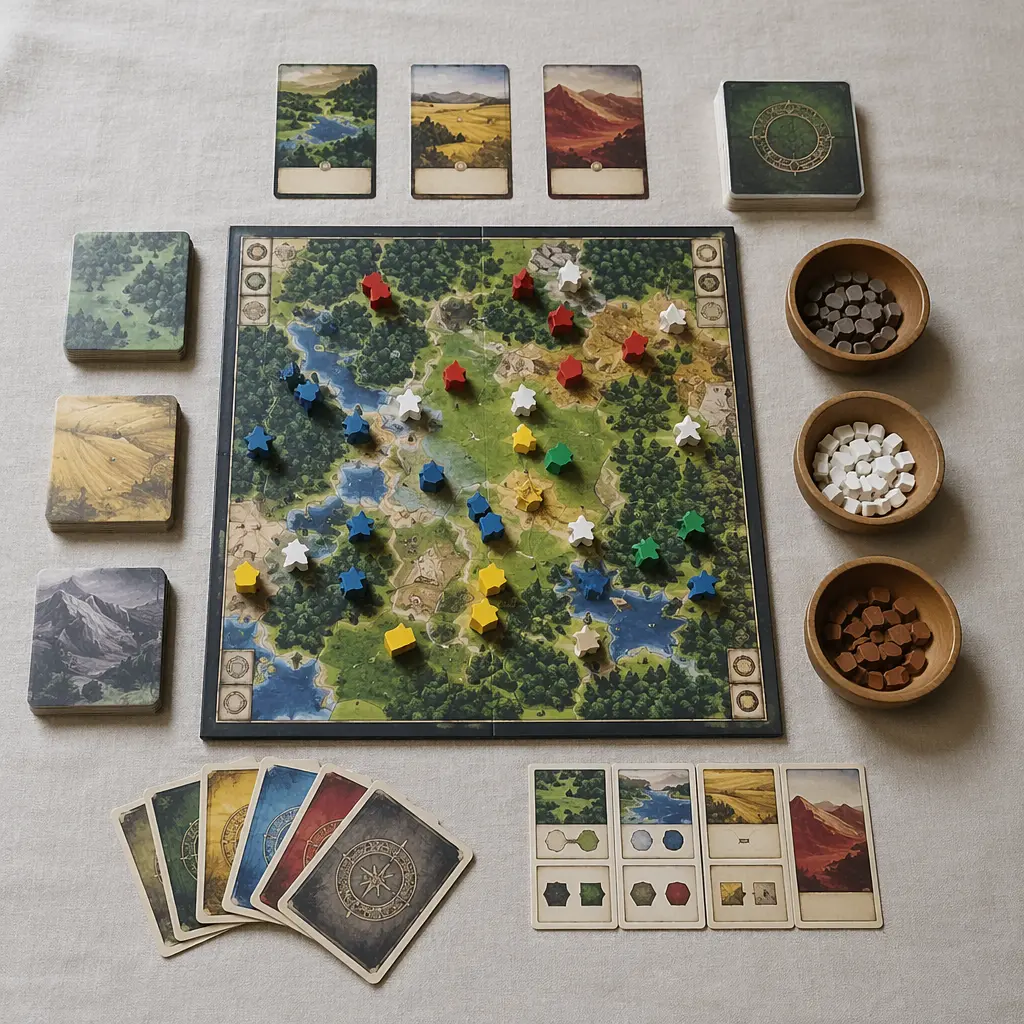 Overhead view of a small tabletop board game setup
