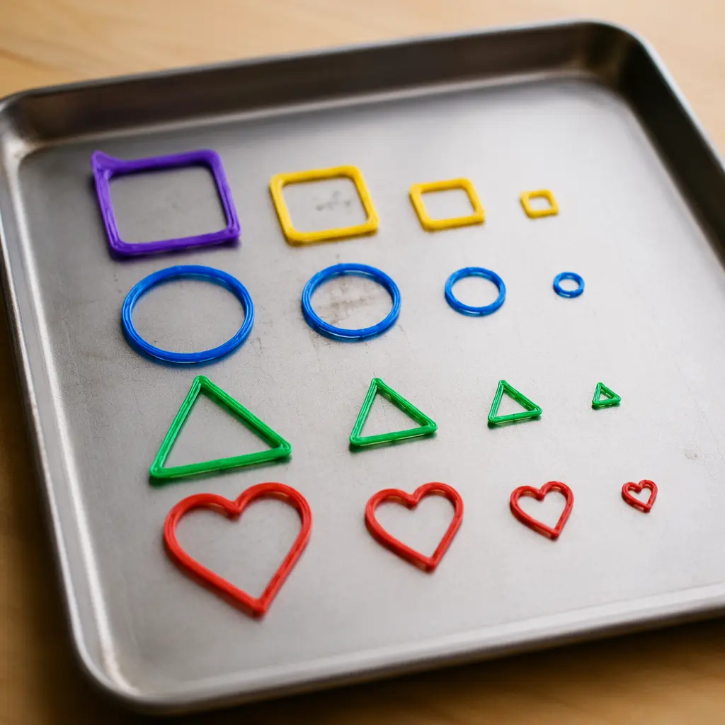 Colorful plastic craft shapes shrinking in an oven tray