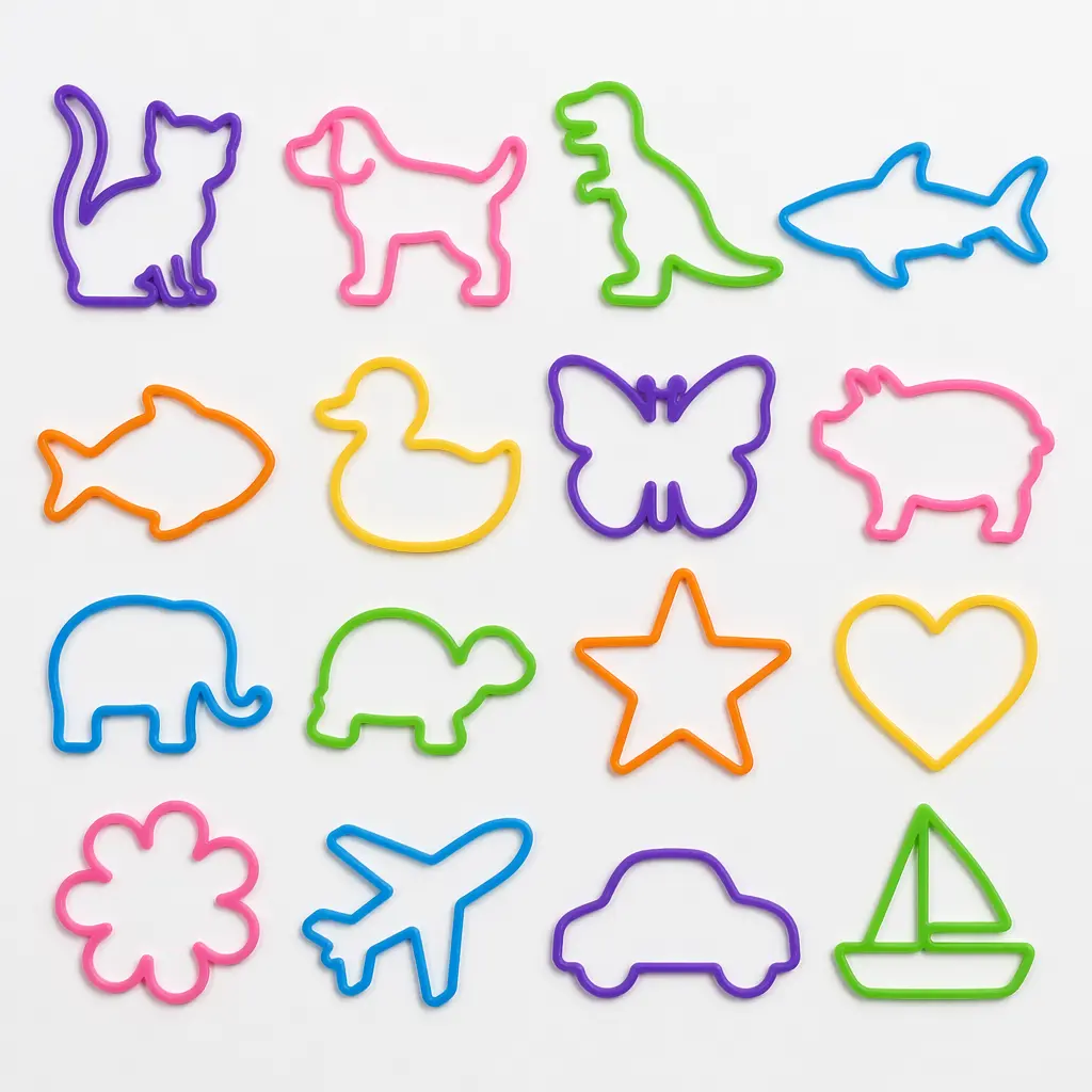 Colorful silicone rubber bands arranged in recognizable shapes on a white background