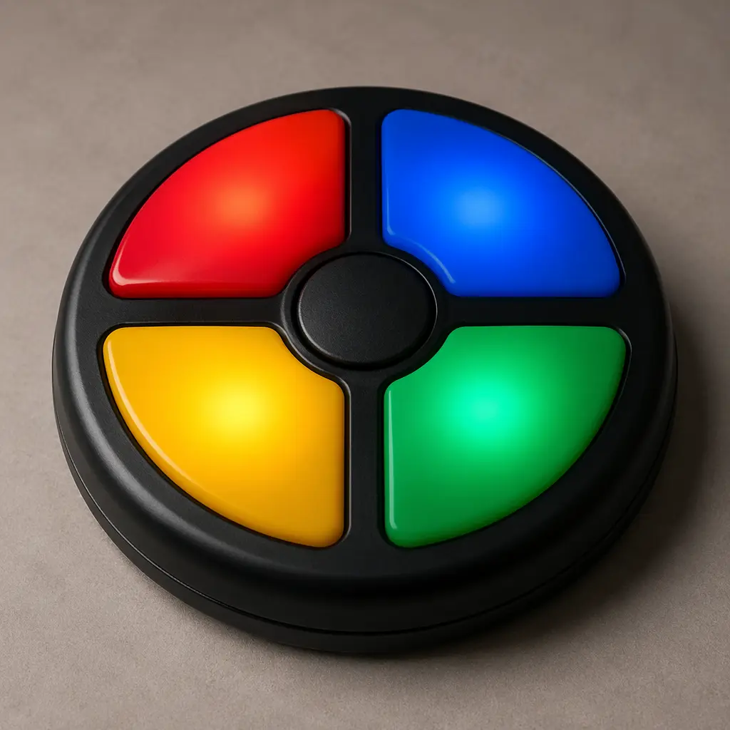 A classic round electronic memory game with four illuminated colored buttons