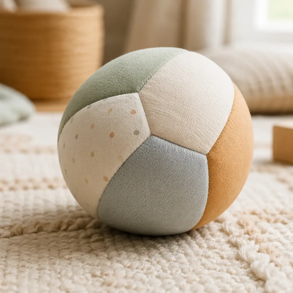 Soft fabric baby ball on a neutral rug, designed for easy grasping.