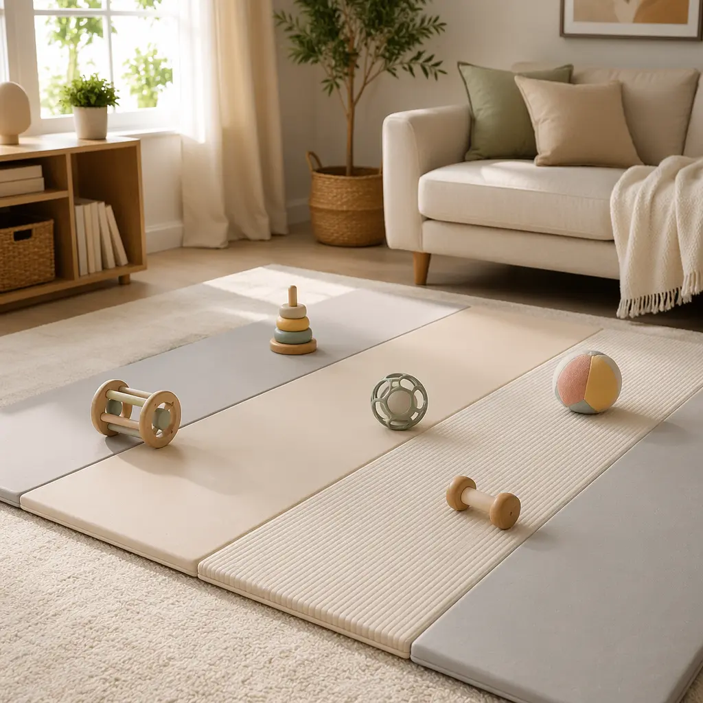 Simple baby toys spaced on a floor mat to encourage rolling and reaching.