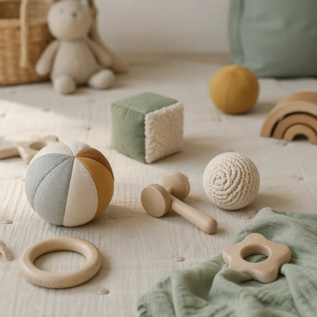 Simple baby toys like fabric balls and wooden rings on a soft play mat in natural light.