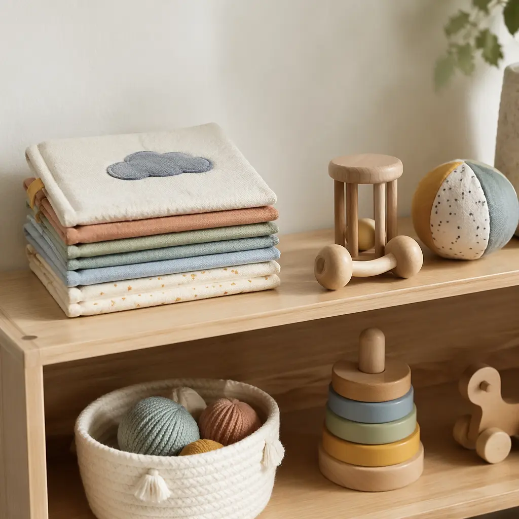 Minimal nursery shelf with simple baby toys in neutral colors
