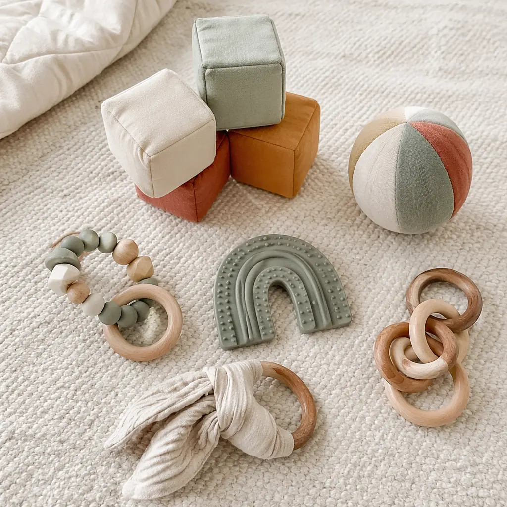 Simple, low-stimulation baby toys arranged on a neutral nursery rug