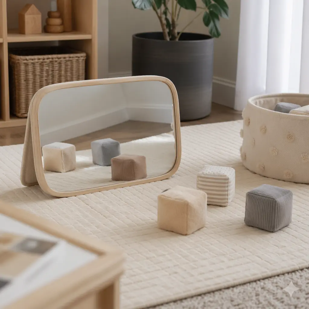 Mirror and soft block toys set up for tummy time play