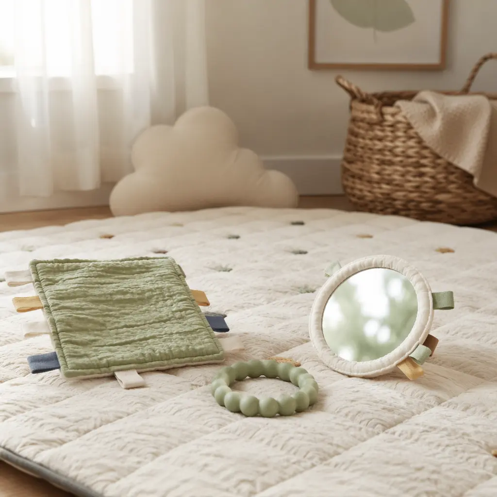 Simple tummy time toys arranged on a soft play mat in natural light