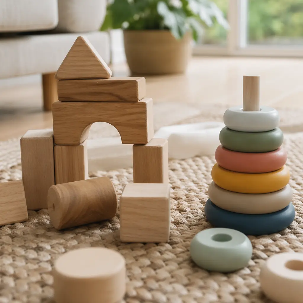 Chunky blocks and stacking rings on a soft rug