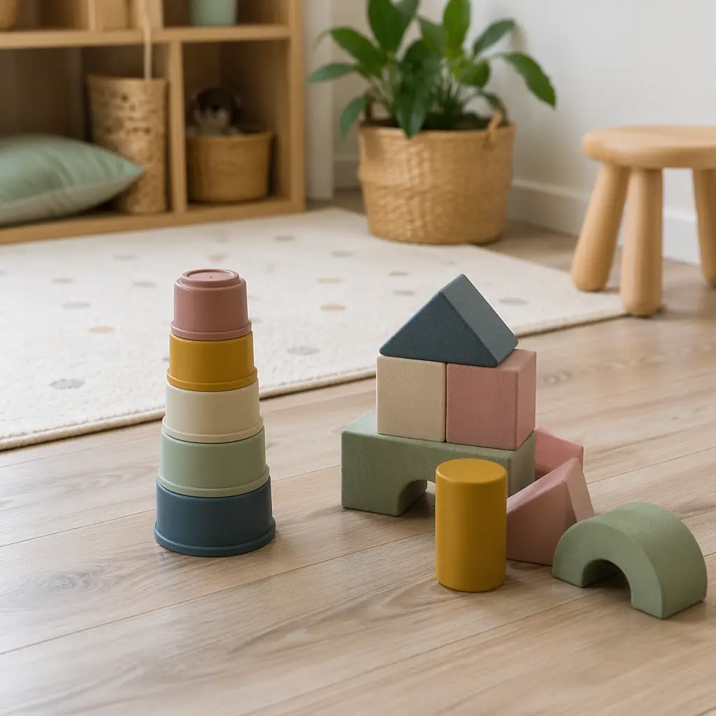 Stacking cups and foam blocks in a bright play area