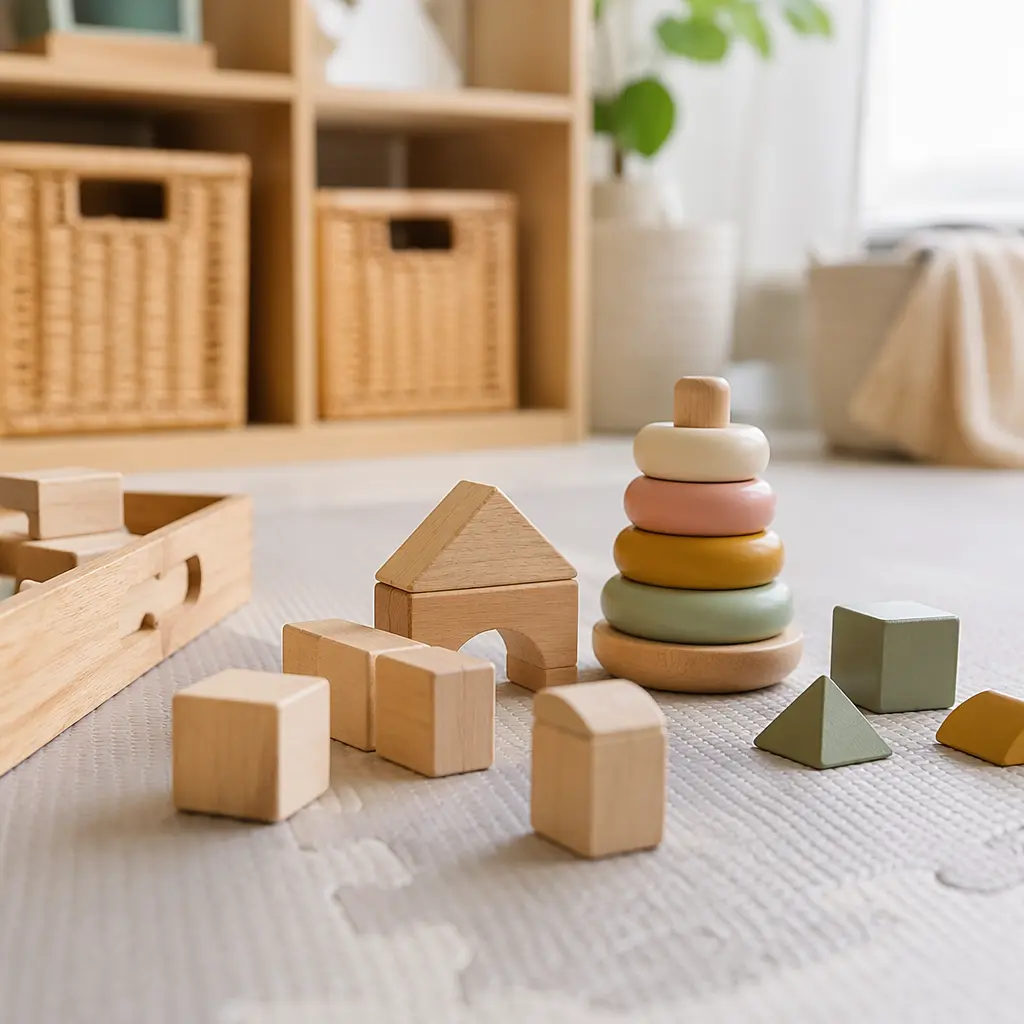 Simple wooden blocks and chunky stacking toys arranged on a nursery floor
