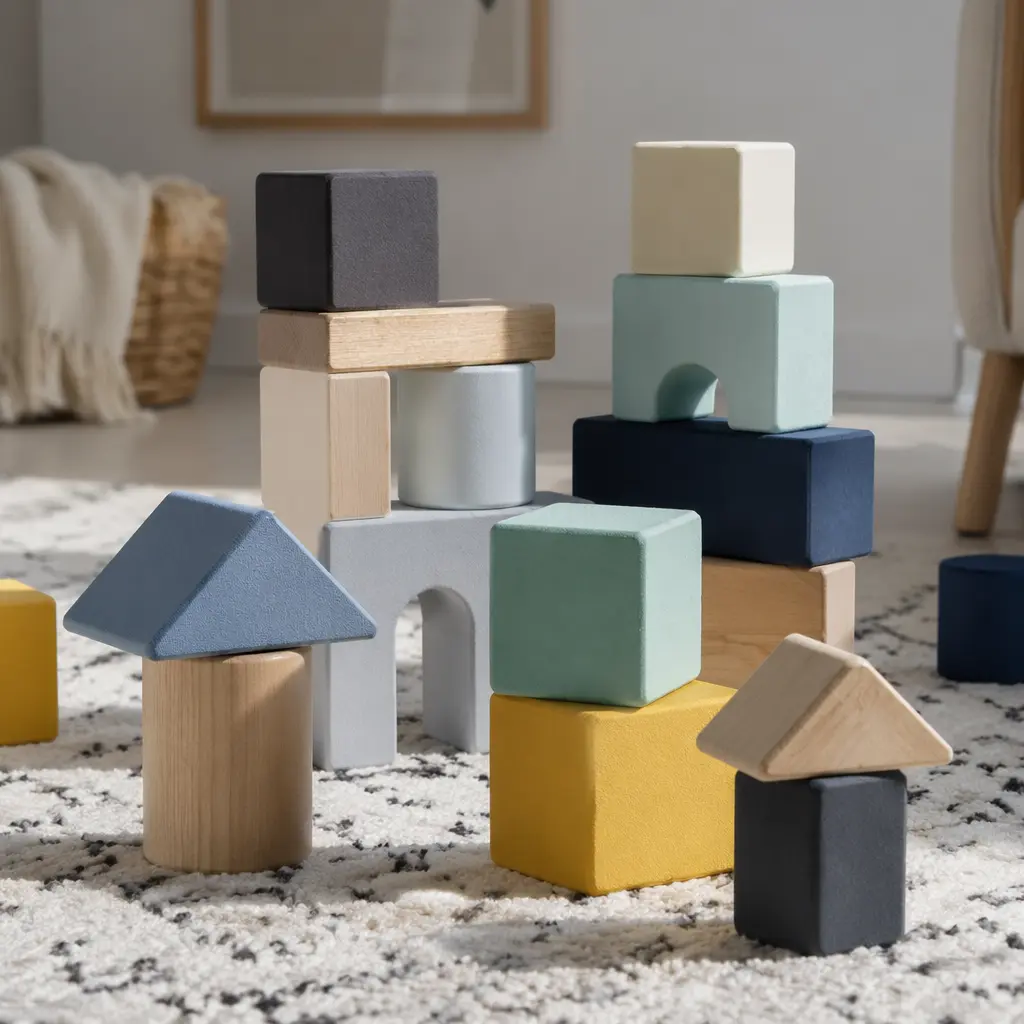Large foam and wooden blocks arranged on a rug