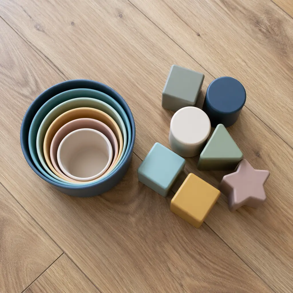 Nesting cups and chunky blocks on a wooden floor