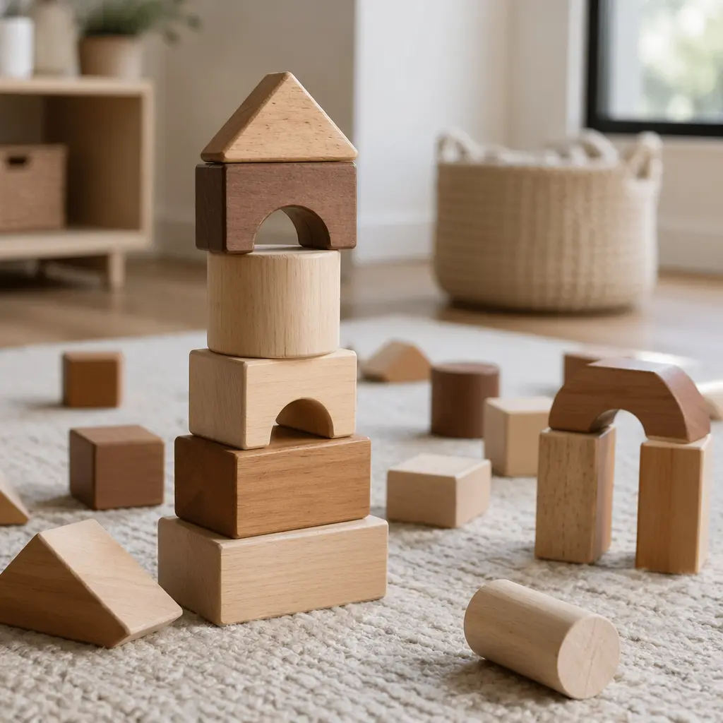 Chunky wooden blocks on a playroom floor in soft natural light