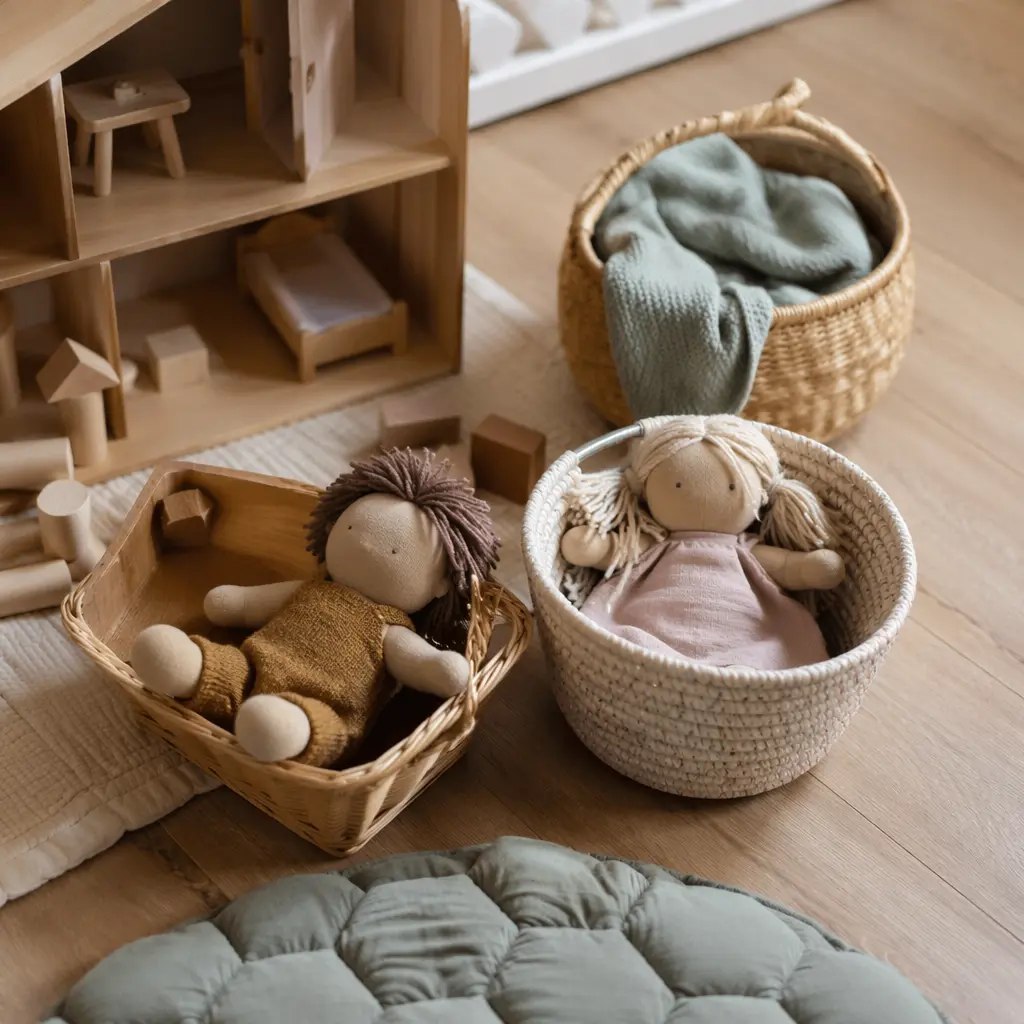 Soft cloth dolls in baskets on a wooden floor, set up for independent toddler play