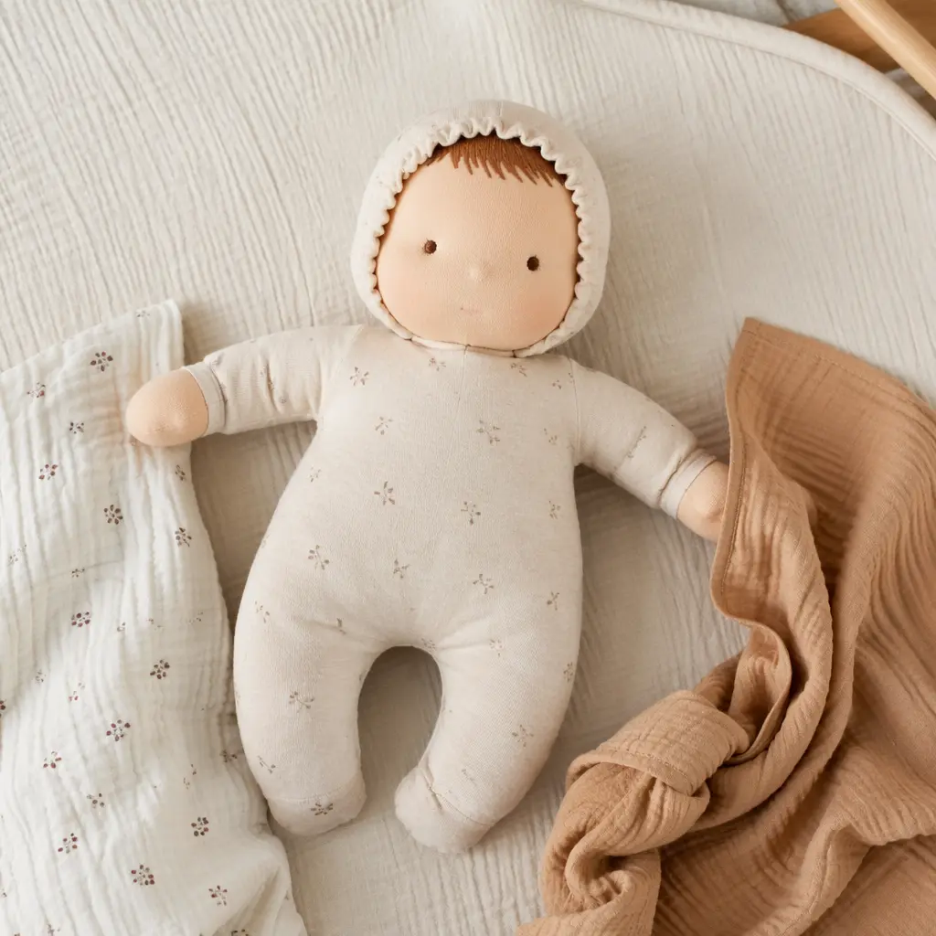 Soft baby doll and simple blanket on a fabric mat in natural light
