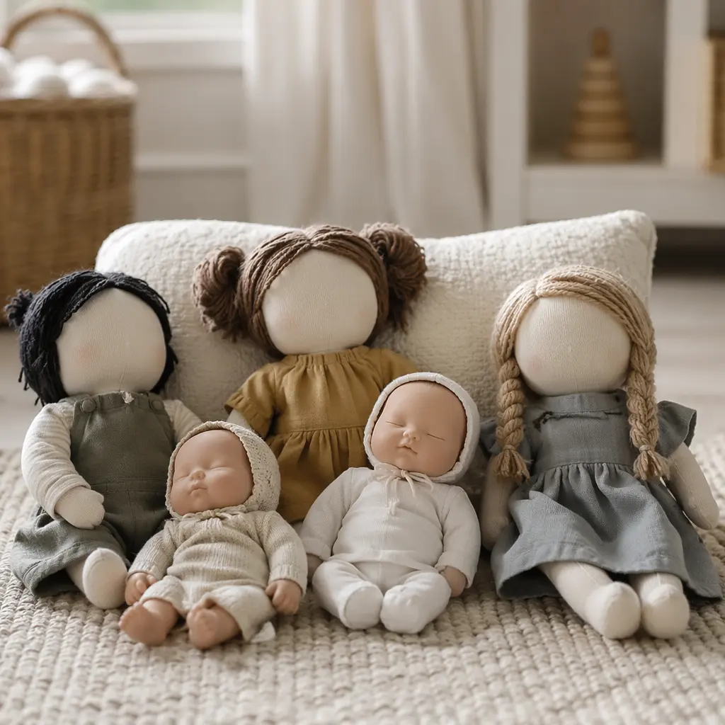 Simple cloth and baby dolls arranged for toddler play in soft natural light
