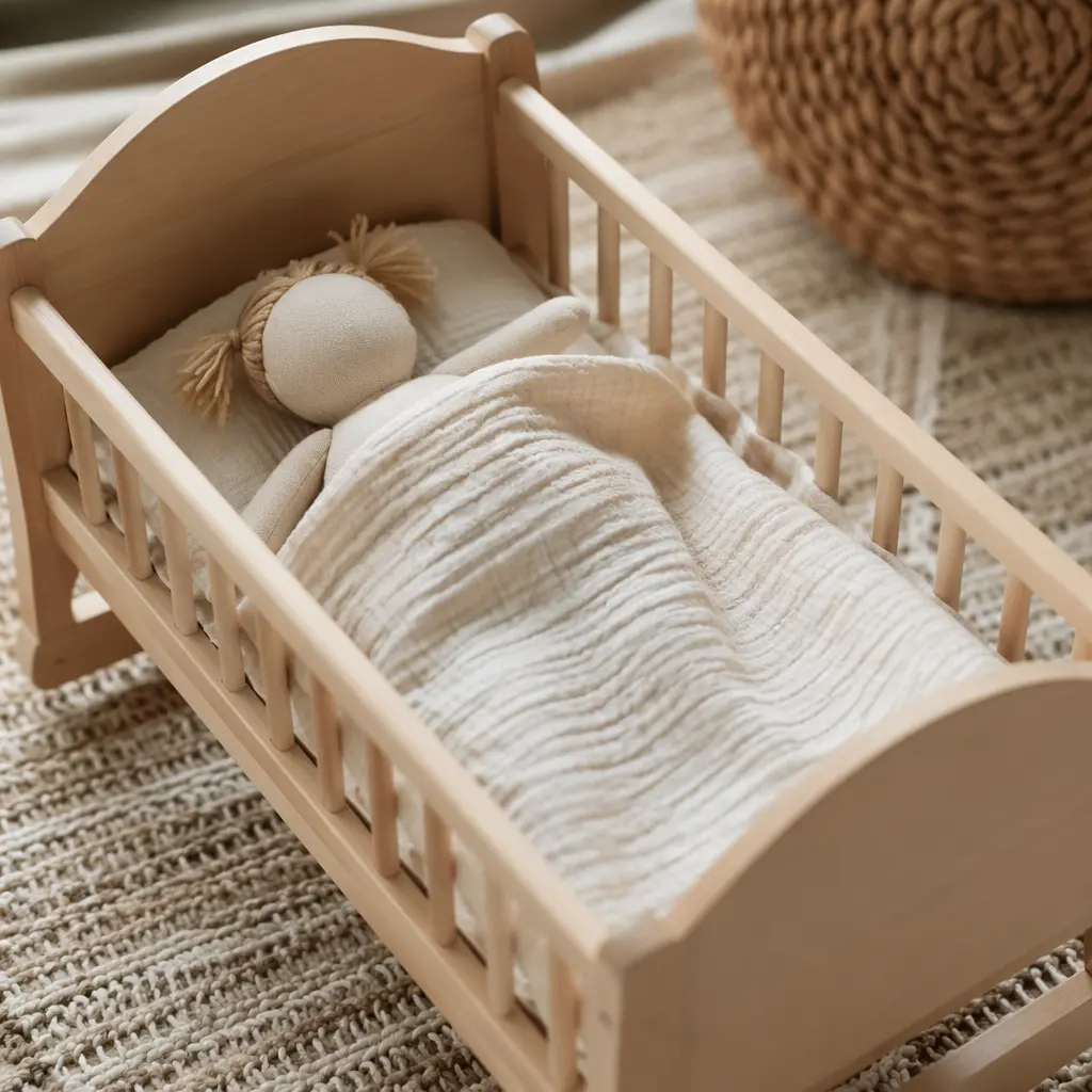 A simple doll resting in a small cradle with a blanket