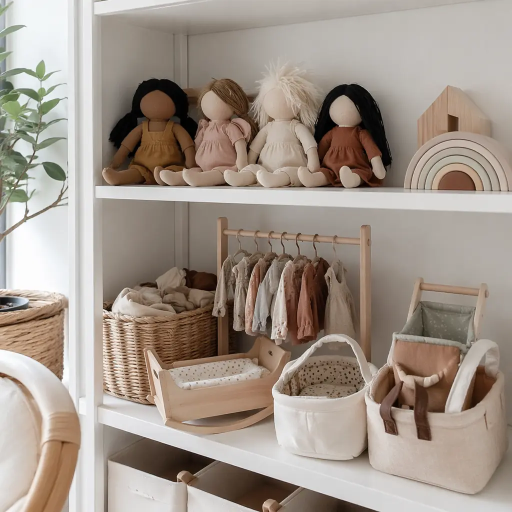 Simple fabric dolls arranged neatly on a shelf