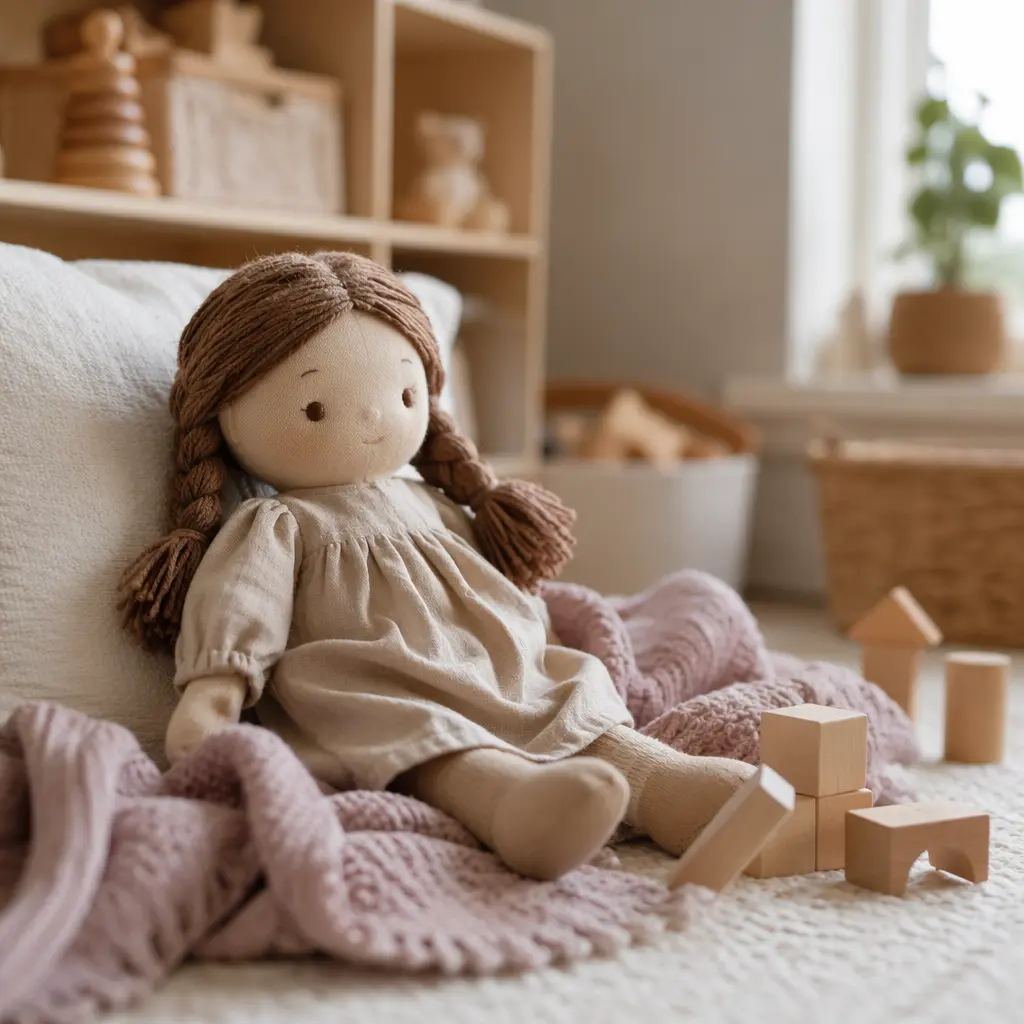 A simple cloth doll in a calm, natural playroom setting