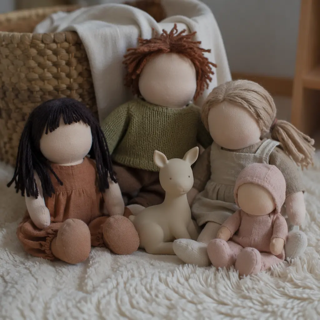 Simple dolls made from soft materials arranged on a playroom rug