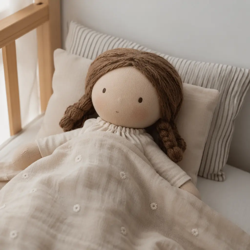 A simple doll placed in a toddler bed to suggest nurturing play