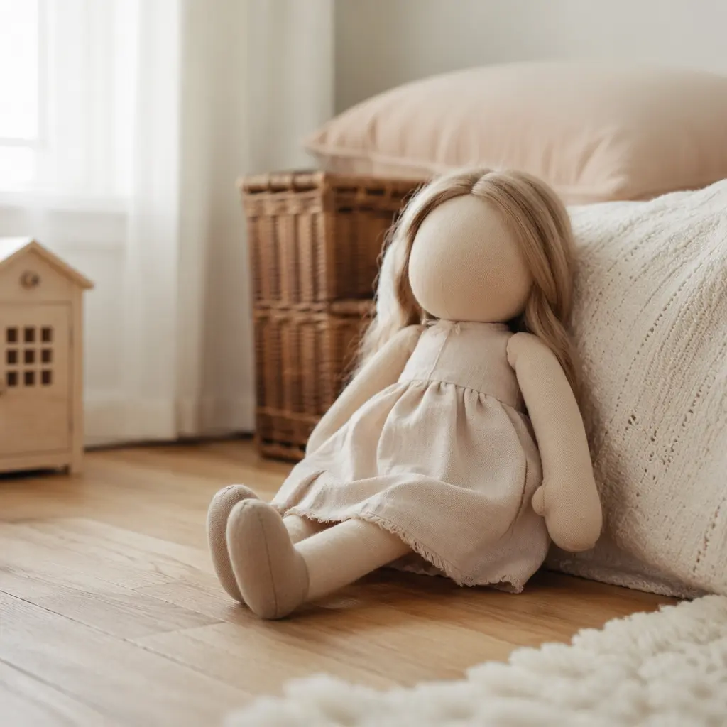 A simple soft doll designed for toddler play in a calm nursery setting