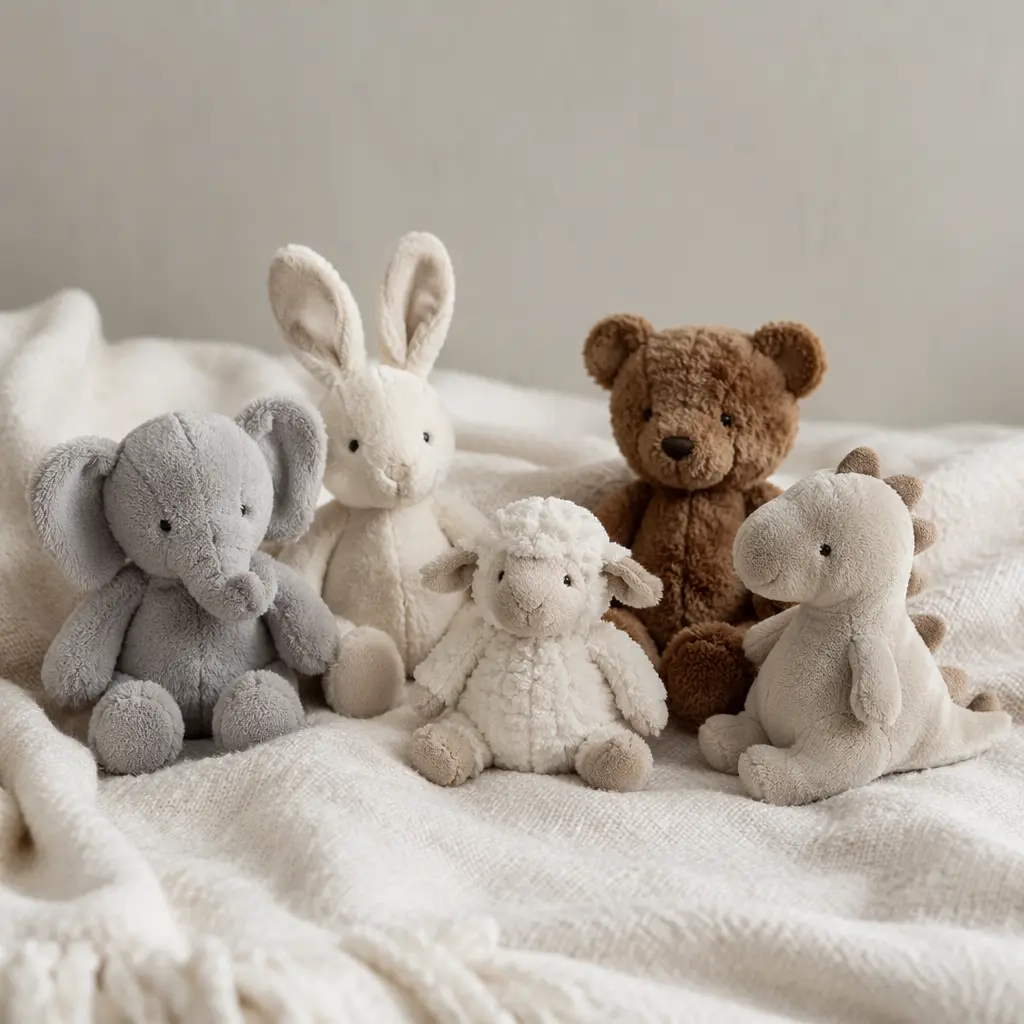 Simple plush toys arranged on a soft blanket