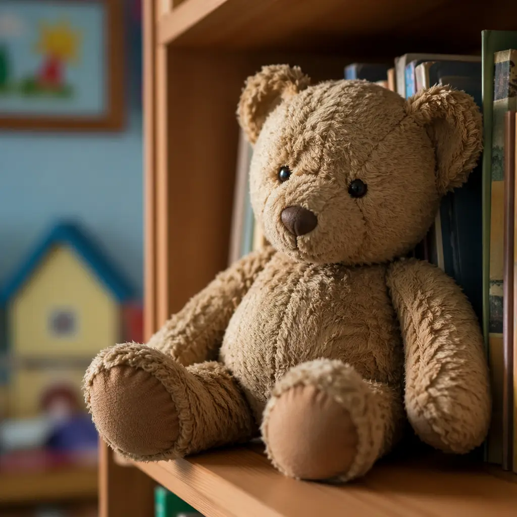 A classic plush teddy bear sitting on a bookshelf in a child’s room.