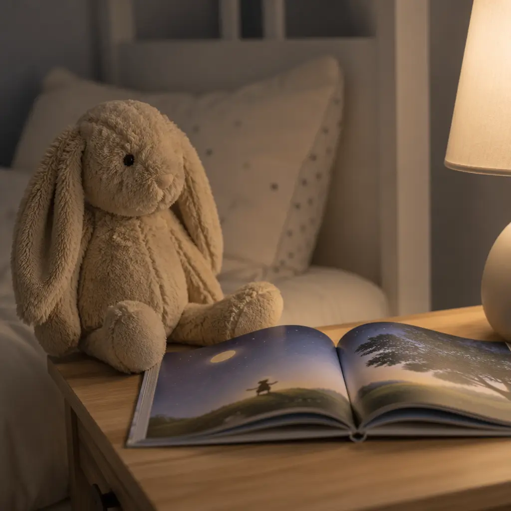 A plush animal beside an open children’s book on a bedside table.